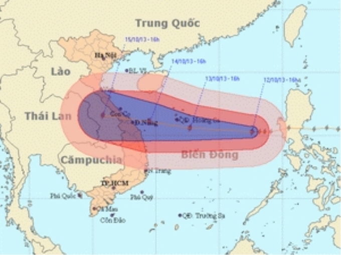 Đường đi và vị trí cơn bão. Cập nhật lúc 20 giờ 55 phút ngày 12/10. (Nguồn: nchmf.gov.vn)