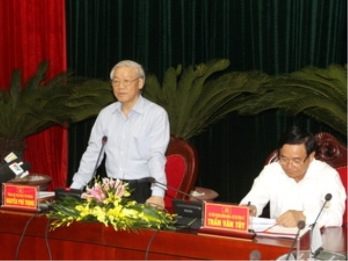 Tổng Bí thư Nguyễn Phú Trọng phát biểu tại buổi làm việc với các lãnh đạo chủ chốt tỉnh Bắc Ninh. (Ảnh: Trí Dũng/TTXVN)