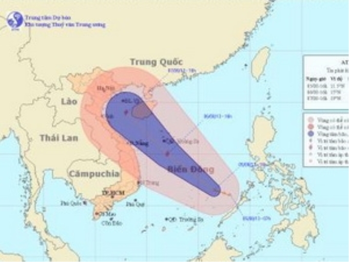 Vị trí và đường đi của áp thấp nhiệt đới. (Nguồn: Trung tâm Dự báo Khí tượng Thủy văn Trung ương)