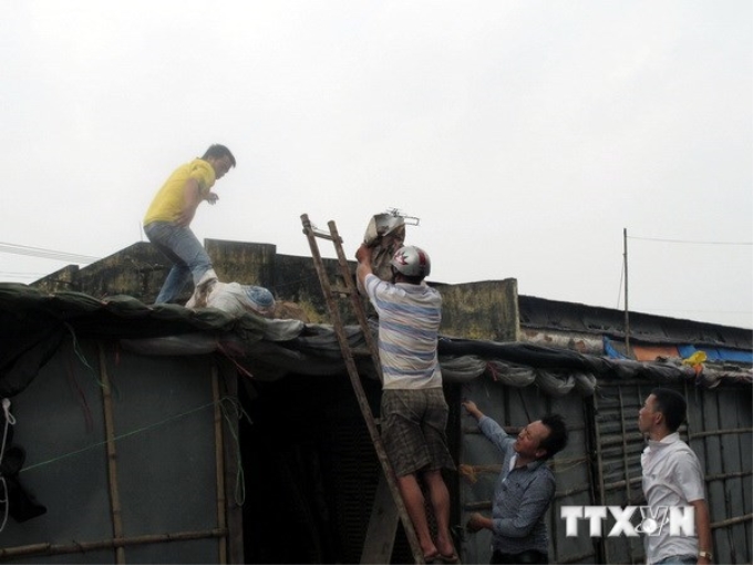 Chằng chống nhà cửa phòng chống bão. (Ảnh: Văn Đạt/TTXVN)