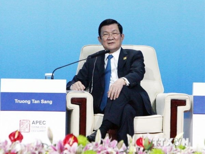 Chủ tịch nước Trương Tấn Sang phát biểu tại Hội nghị thượng đỉnh doanh nghiệp APEC. (Ảnh: Nguyễn Khang/TTXVN)