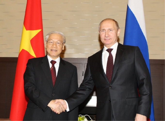 Tổng thống Liên bang Nga Vladimir Putin đón Tổng Bí thư Nguyễn Phú Trọng. Ảnh: Trí Dũng TTXVN