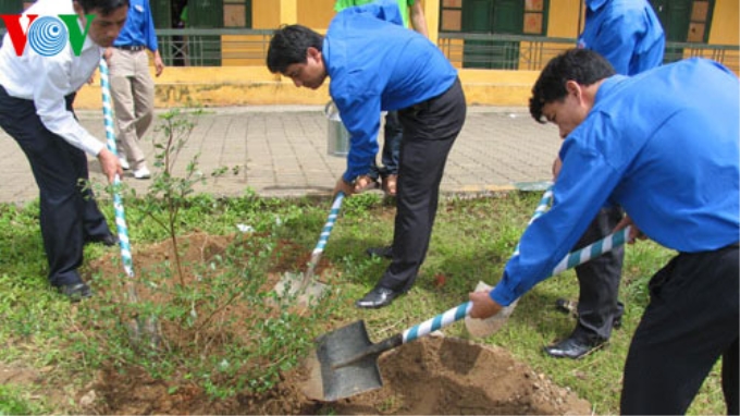 Tổ chức đoàn thanh niên trồng cây tại Đại học Lâm nghiệp (Ảnh: PV)