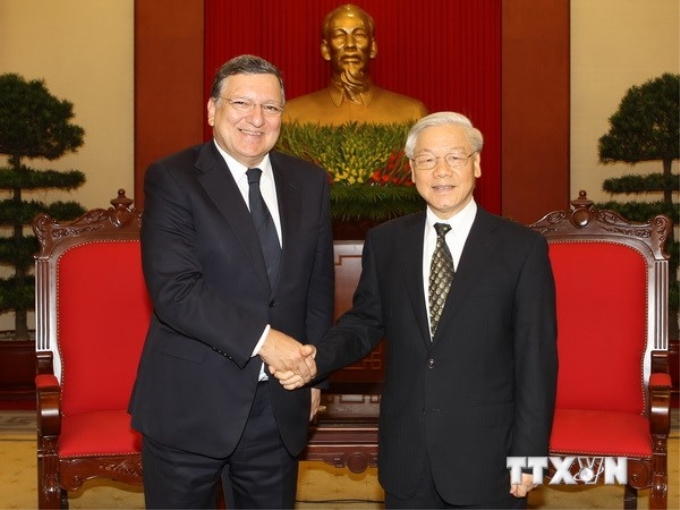 Tổng Bí thư Nguyễn Phú Trọng tiếp Chủ tịch Ủy ban châu Âu José Manuel Barroso đang thăm chính thức Việt Nam. (Ảnh: Trí Dũng/TTXVN)