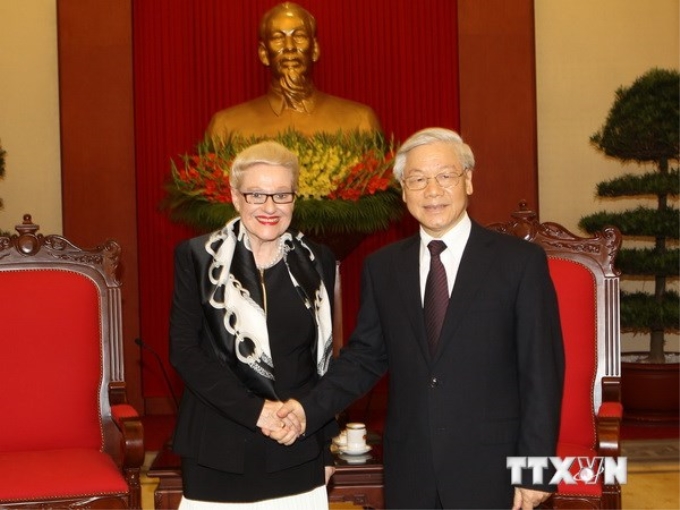 Tổng Bí thư Nguyễn Phú Trọng tiếp Chủ tịch Hạ viện Australia Bronwyn Bishop sang thăm chính thức Việt Nam. (Ảnh: Trí Dũng/TTXVN)