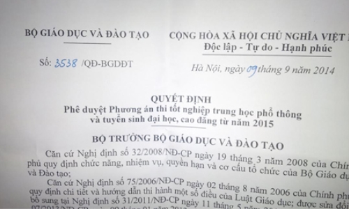 Từ 2015: tổ chức một kỳ thi quốc gia để xét công nhận tốt nghiệp THPT, làm căn cứ tuyển sinh ĐH, CĐ