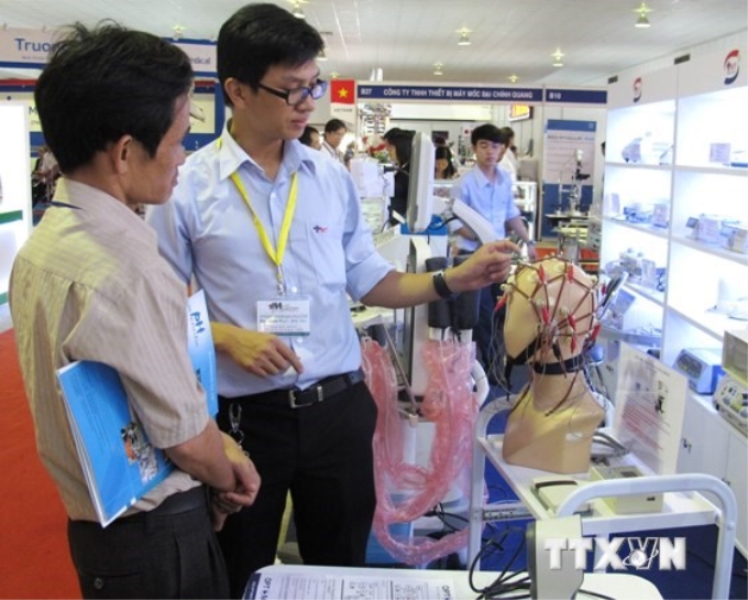 Triển lãm Vietnam Medi Pharm Expo lần thứ 14 được tổ chức tại Trung tâm Hội chợ Triển lãm Tân Bình (Thành phố Hồ Chí Minh) từ ngày 21-23/8/2014. (Ảnh: TTXVN)