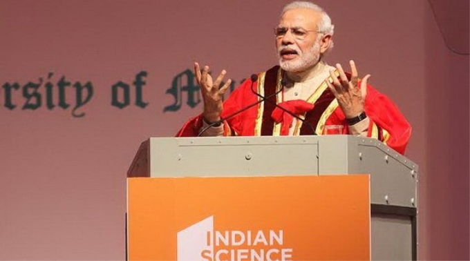 Thủ tướng Ấn Độ Narendra Modi phát biểu tại Đại hội khoa học Ấn Độ (ISC) lần thứ 102. (Nguồn: http://indianexpress.com)