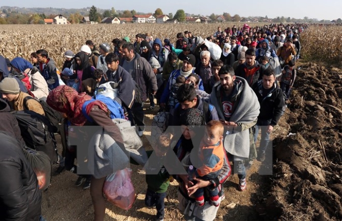 Người di cư di chuyển tới trại tị nạn ở Rigonce, gần biên giới với Croatia. (Nguồn: AFP/TTXVN)