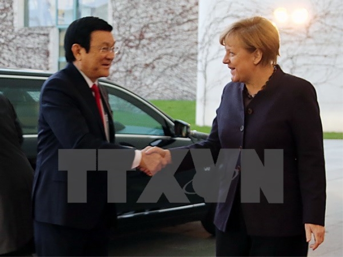 Chủ tịch nước Trương Tấn Sang gặp Thủ tướng Cộng hòa Liên bang Đức Angela Merkel. (Ảnh: TTXVN)