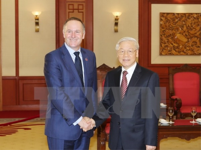 Tổng Bí thư Nguyễn Phú Trọng tiếp Thủ tướng New Zealand John Key sang thăm chính thức Việt Nam. (Ảnh: TTXVN)