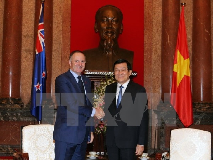 Chủ tịch nước Trương Tấn Sang tiếp Thủ tướng New Zealand John Key sang thăm chính thức Việt Nam. (Ảnh: TTXVN)