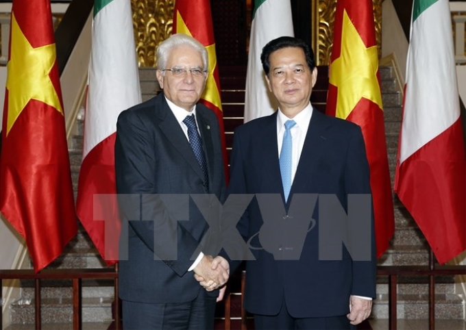 Thủ tướng Nguyễn Tấn Dũng hội kiến với Tổng thống Italy Sergio Mattarella đang thăm cấp Nhà nước Việt Nam. (Ảnh: TTXVN)