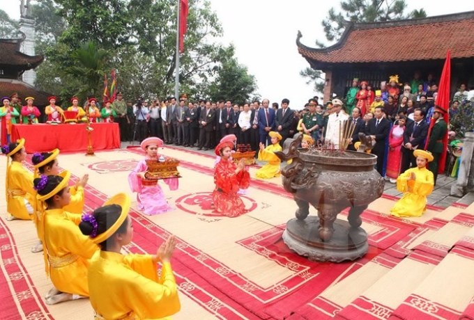 Lễ tế Tổ Mẫu Âu Cơ tại Khu di tích lịch sử Đền Hùng, thành phố Việt Trì, Phú Thọ. (Ảnh: Quý Trung/TTXVN)