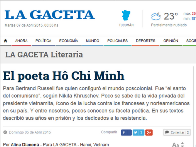 Bài báo về Bác Hồ đăng trên tờ La Gaceta của Argentina. (Ảnh chụp màn hình)