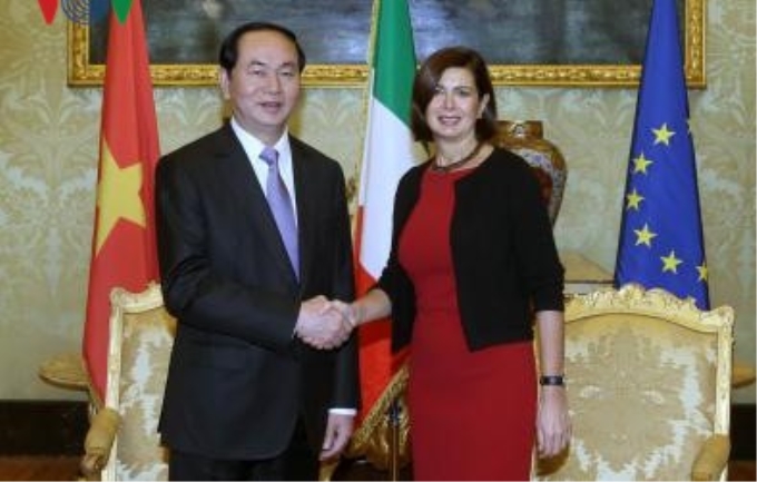 Chủ tịch nước Trần Đại Quang hội kiến Chủ tịch Hạ viện Italy  Laura Boldrini. Ảnh: VOV