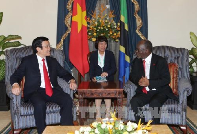 Tổng thống nước Cộng hoà Thống nhất Tanzania John Magufuli tiếp Chủ tịch nước Trương Tấn Sang. Ảnh: Nguyễn Khang - TTXVN