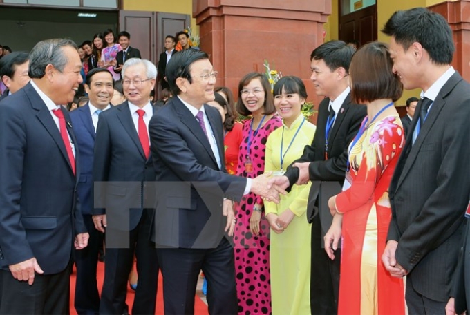 Chủ tịch nước Trương Tấn Sang đến dự Lễ Công bố Quyết định thành lập Học viện Tòa án và khai mạc kỳ thi tuyển chọn Thẩm phán năm 2016. (Ảnh: Nguyễn Khang/TTXVN)