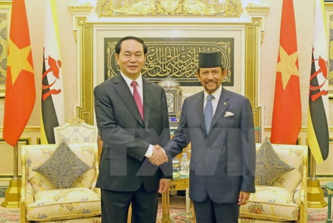 Chủ tịch nước Trần Đại Quang hội kiến với Quốc vương Haji Hassanal Bolkiah Mu’izzaddin Waddaulah. (Ảnh: TTXVN)