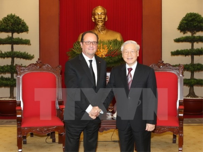 Tổng Bí thư Nguyễn Phú Trọng tiếp Tổng thống Pháp Francois Hollande. (Ảnh: TTXVN)