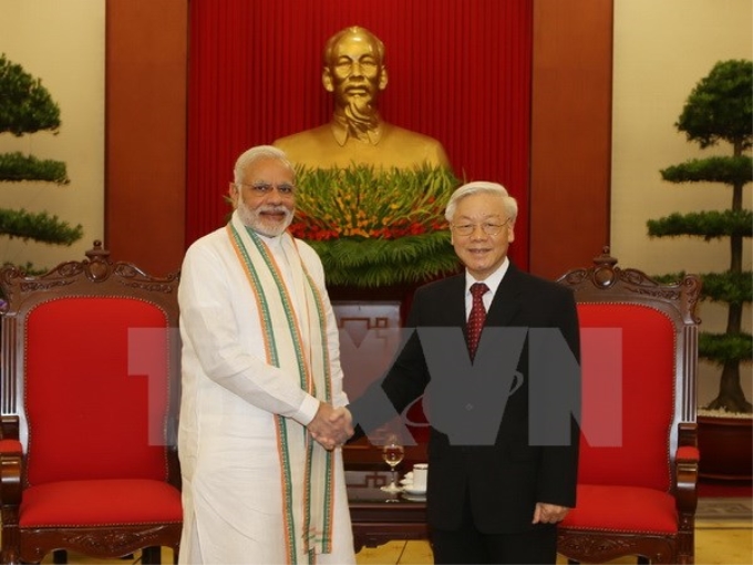 Tổng Bí thư Nguyễn Phú Trọng tiếp Thủ tướng Cộng hòa Ấn Độ Narendra Modi. (Ảnh: TTXVN)