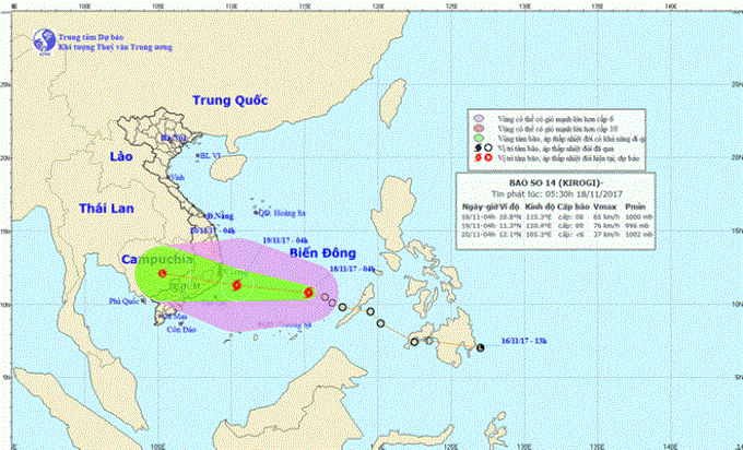 Vị trí và đường đi của bão. (Nguồn: Trung tâm Dự báo Khí tượng Thủy văn Trung ương)