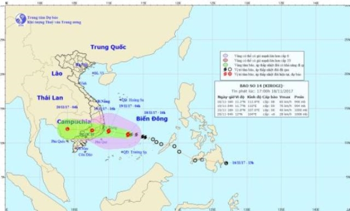 Dự kiến đường đi mới nhất của bão số 14. Ảnh: KTTV