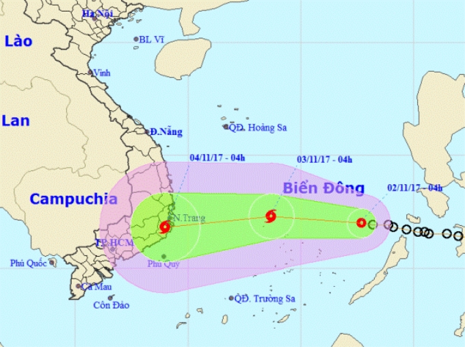 Sơ đồ dự báo đường đi của áp thấp nhiệt đới. Ảnh: KTVN