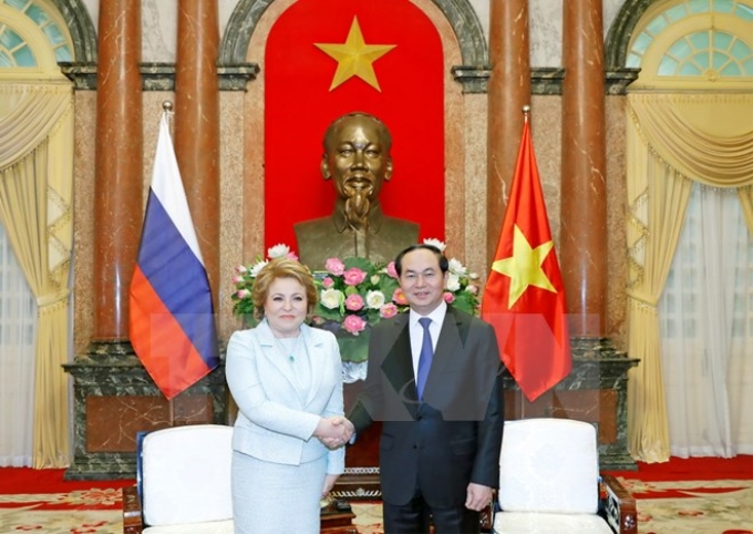 Chủ tịch nước Trần Đại Quang tiếp bà Valentina Ivanovna Matvienko, Chủ tịch Hội đồng Liên bang Nga đang thăm chính thức thức Việt Nam. (Ảnh: TTXVN)