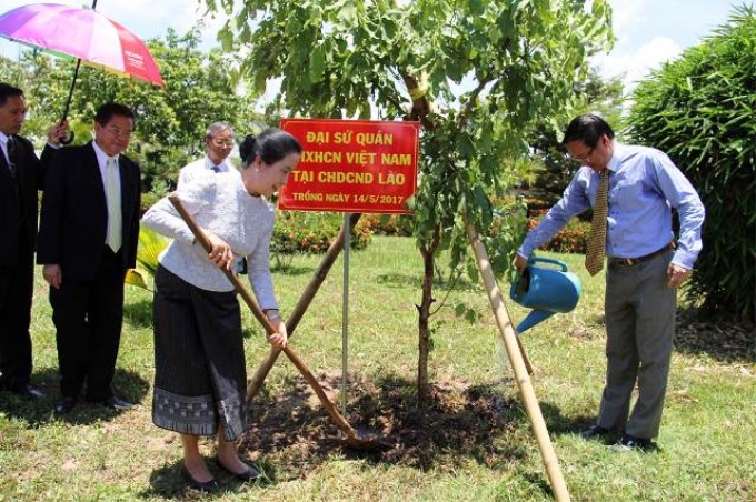 Đại sứ Nguyễn Bá Hùng và Phó Chủ tịch T.Ư Hội hữu nghị Lào - Việt Nam Thum-ma-ly Phông-va-chăn trồng cây tại Khu lưu niệm Chủ tịch Hồ Chí Minh, tại tỉnh Khăm Muồn.