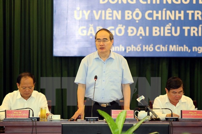 Bí thư Thành ủy Thành phố Hồ Chí Minh Nguyễn Thiện Nhân phát biểu tại buổi gặp gỡ đại biểu trí thức Thành phố Hồ Chí Minh. (Ảnh: Thanh Vũ/TTXVN)