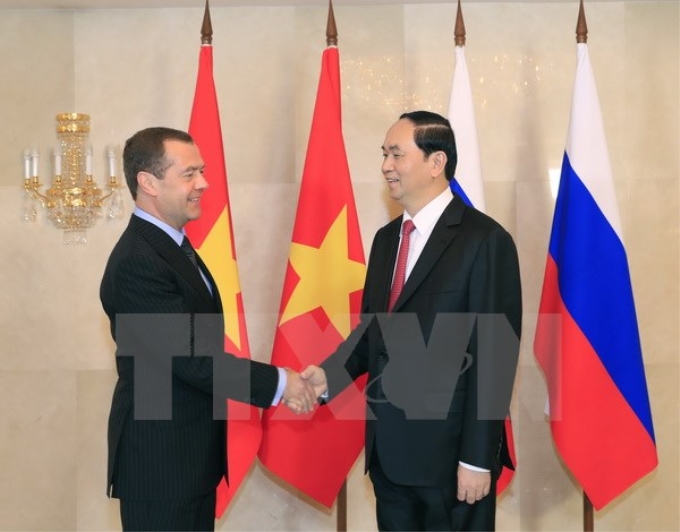 Chủ tịch nước Trần Đại Quang hội kiến Thủ tướng Chính phủ Liên Nga D. Medvedev. (Ảnh: TTXVN)