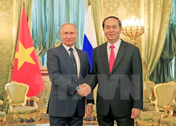 Chủ tịch nước Trần Đại Quang hội đàm với Tổng thống Liên bang Nga V. Putin. (Ảnh: TTXVN)