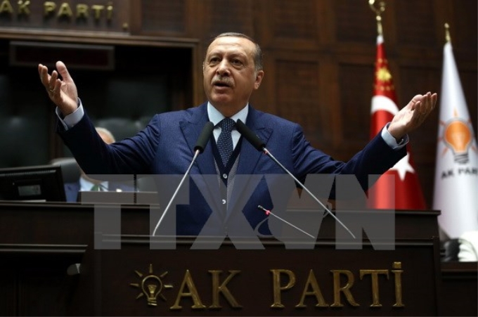 Tổng thống Thổ Nhĩ Kỳ Recep Tayyip Erdogan trong bài phát biểu tại Ankara. (Nguồn: AFP/TTXVN)