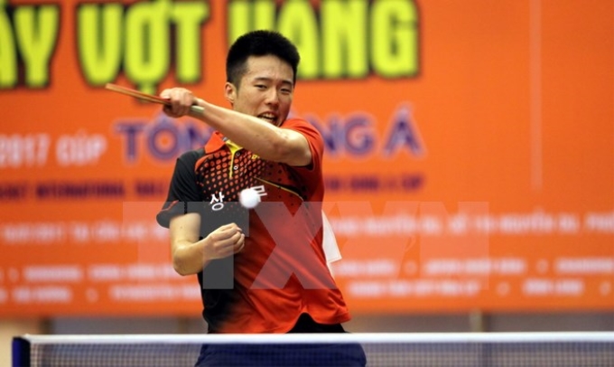 Trận chung kết đơn Nam giữa tay vợt Kang Dong Soo (Hàn Quốc) với tay vợt Park Chan Hyeok (Hàn Quốc). (Ảnh: TTXVN)