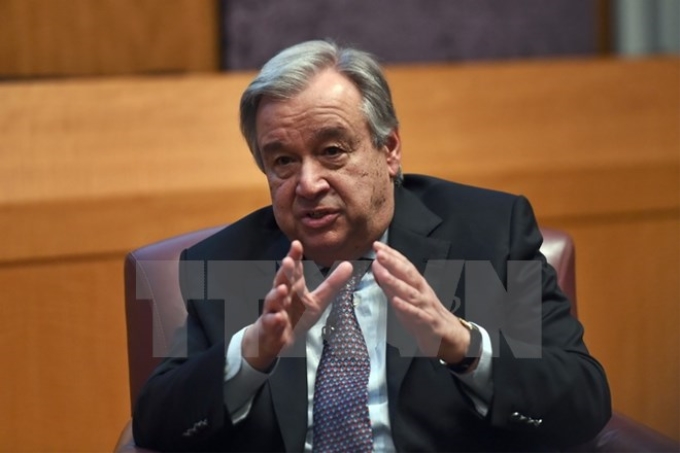 Tổng thư ký LHQ Antonio Guterres phát biểu trong cuộc họp báo tại trụ sở LHQ ở New York, Mỹ, ngày 16/8. (Nguồn: THX/TTXVN)