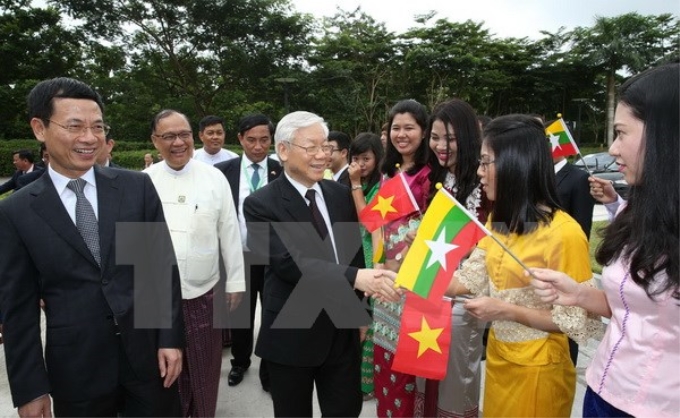 Tổng Bí thư Nguyễn Phú Trọng dự Lễ khánh thành và thăm trụ sở Tập đoàn Liên doanh Viettel Myanmar (Mytel). (Ảnh: TTXVN)