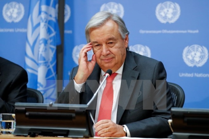 Tổng thư ký LHQ Antonio Guterres tại cuộc họp báo ở New York, Mỹ ngày 13/9. (Nguồn: THX/TTXVN)