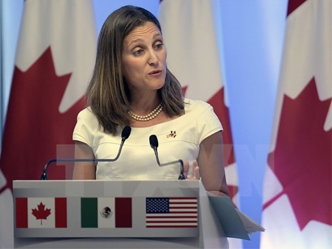 Ngoại trưởng Canada Chrystia Freeland tại cuộc họp báo sau vòng 2 đàm phán NAFTA tại Mexico City, Mexico ngày 5/9. (Nguồn: AFP/TTXVN)