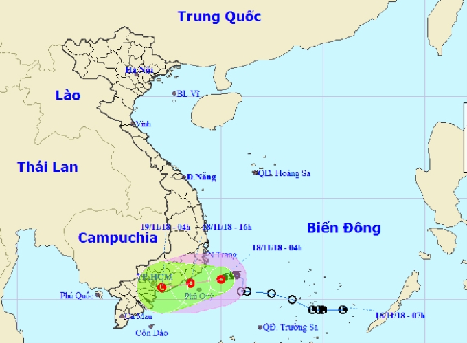 Đường đi của áp thấp nhiệt đới gần bờ. Nguồn: nchmf.gov.vn