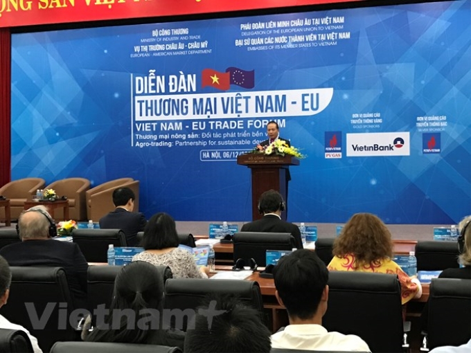 Diễn đàn Thương mại Việt Nam-EU do Bộ Công Thương tổ chức sáng 6/12, tại Hà Nội. (Ảnh: Vietnam+)