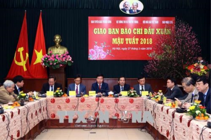 Quang cảnh buổi giao ban báo chí đầu xuân Mậu Tuất 2018. Ảnh: Minh Quyết/TTXVN