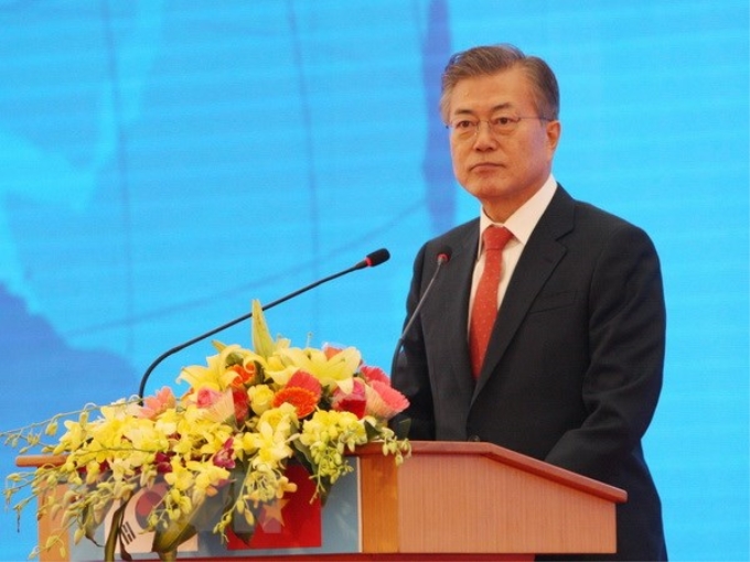 Tổng thống Hàn Quốc Moon Jae-in phát biểu tại Lễ động thổ xây dựng Viện Khoa học Công nghệ Việt Nam-Hàn Quốc. (Ảnh: TTXVN)