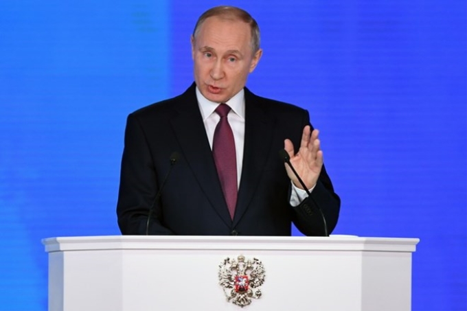 Tổng thống Nga Vladimir Putin phát biểu tại một sự kiện ở thủ đô Moskva ngày 1/3. (Nguồn: AFP/TTXVN)