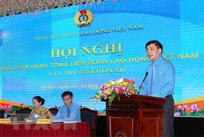 Chủ tịch Tổng Liên đoàn Lao động Việt Nam Bùi Văn Cường phát biểu khai mạc hội nghị. (Ảnh: Dương Giang/TTXVN)