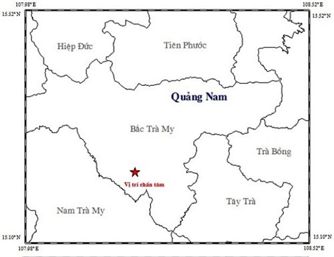Bản đồ chấn tâm vụ động đất xảy ra tại tỉnh Quảng Nam. (Nguồn: Viện VLĐC)