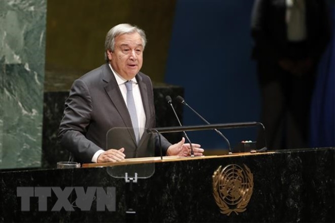 Tổng thư ký Antonio Guterres phát biểu tại Khóa họp 73 Đại hội đồng Liên hợp quốc. (Nguồn: THX/TTXVN)