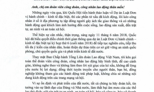 Kêu gọi đoàn viên công đoàn, công nhân đề cao cảnh giác, không để lòng yêu nước bị lợi dụng