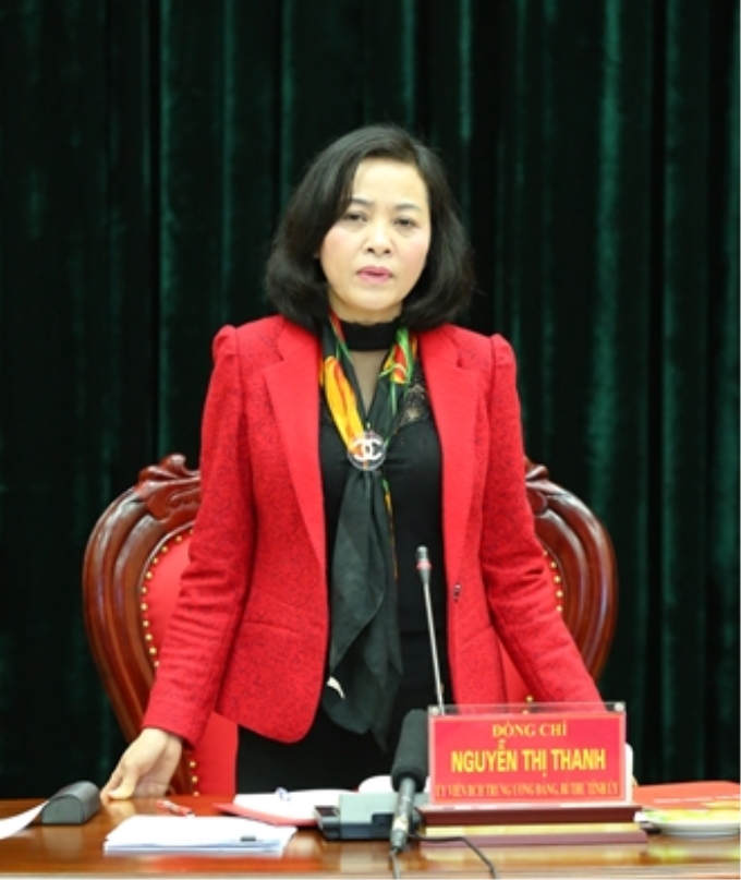 Đồng chí Bí thư Tỉnh ủy Nguyễn Thị Thanh phát biểu tại hội nghị triển khai nhiệm vụ năm 2019 của Ban Thường vụ Tỉnh ủy