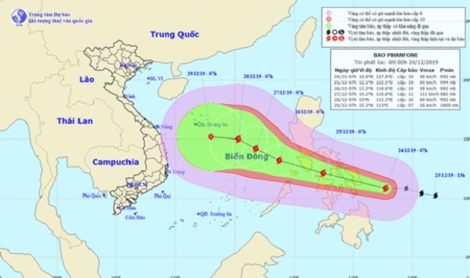 Vị trí và hướng di chuyển tiếp theo của bão Phanfone trên biển. Ảnh Trung tâm Dự báo KTTVQG.